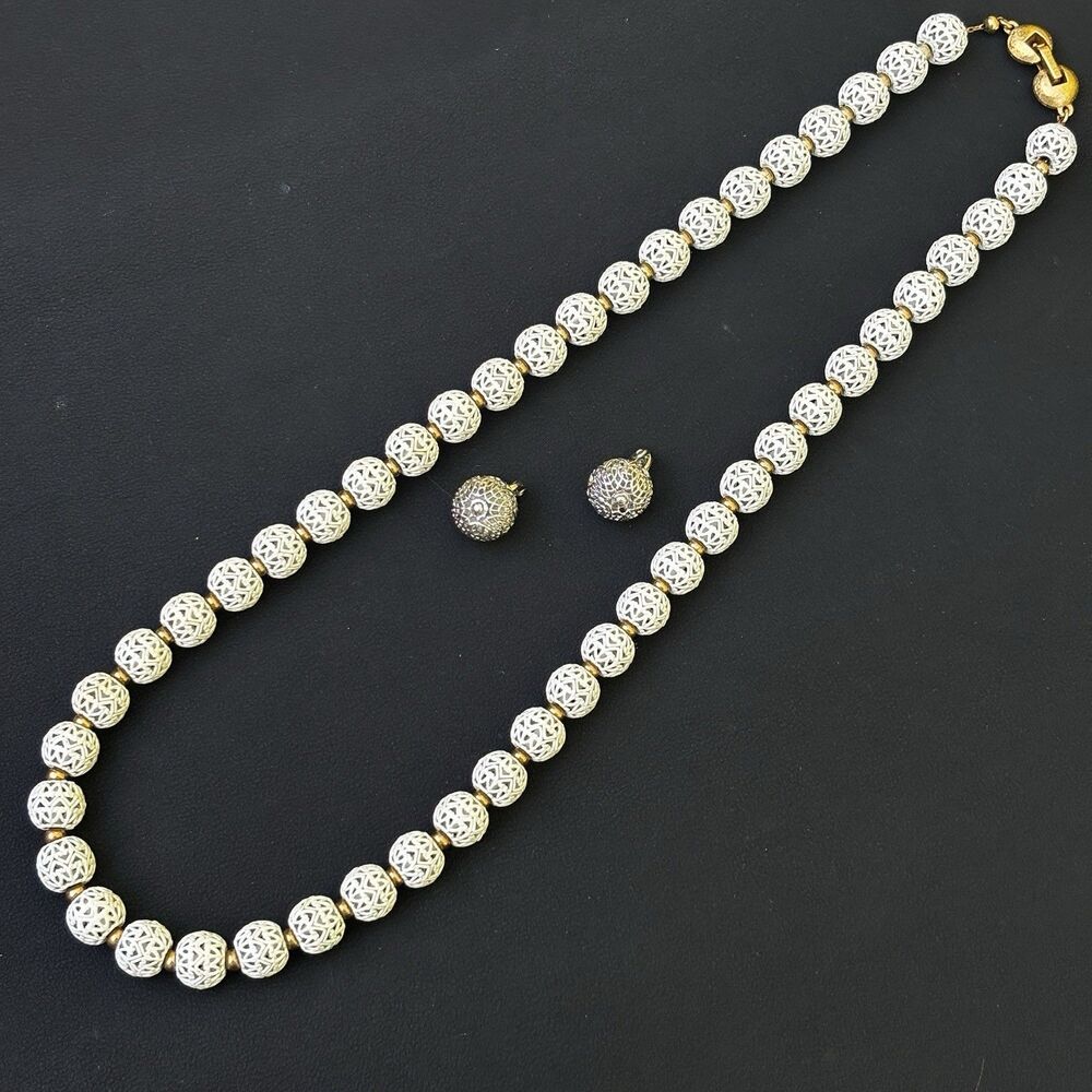 Vintage Monet Necklace Earrings Set Filigree Bead Necklace Clip Earrings READ